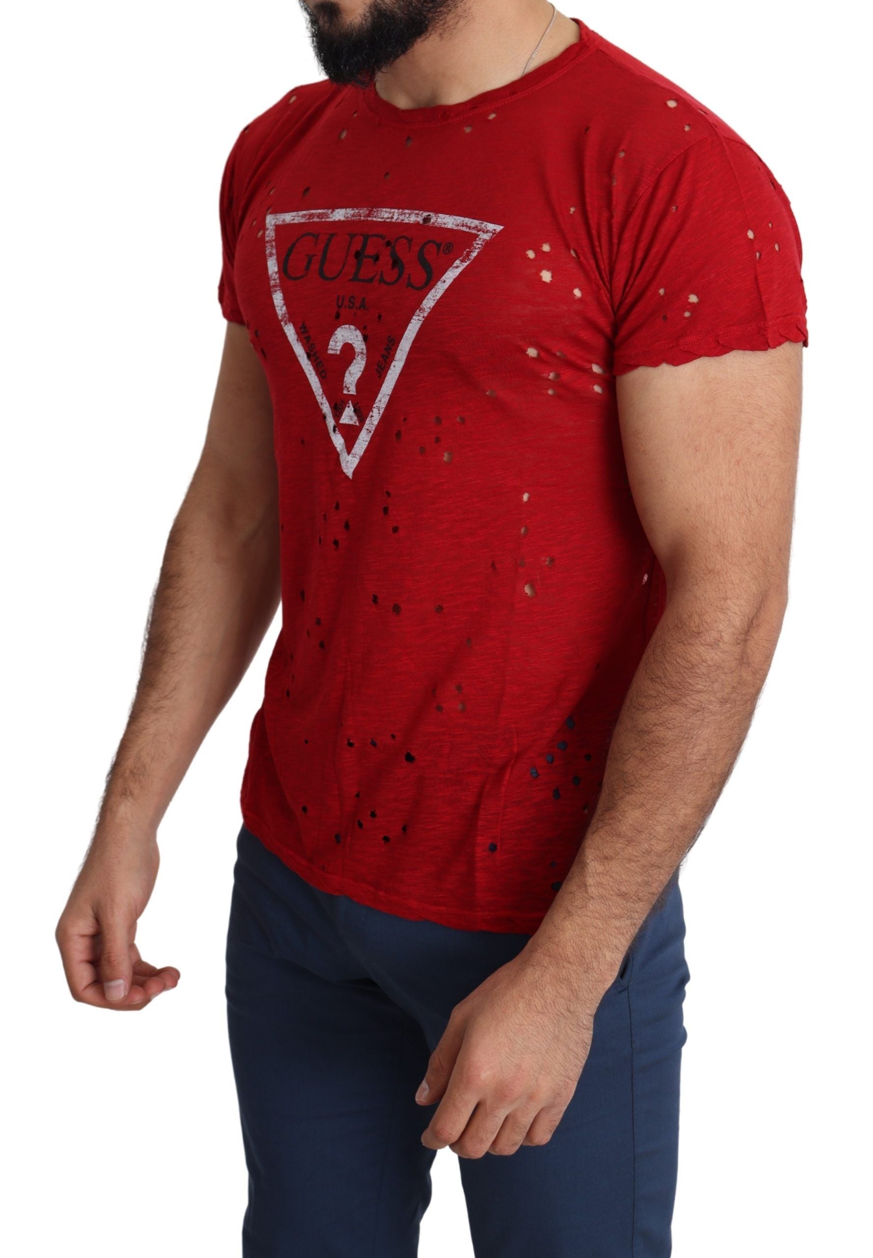 Guess Kırmızı Pamuklu Logo Baskılı Erkek Günlük Üst Delikli Tişört